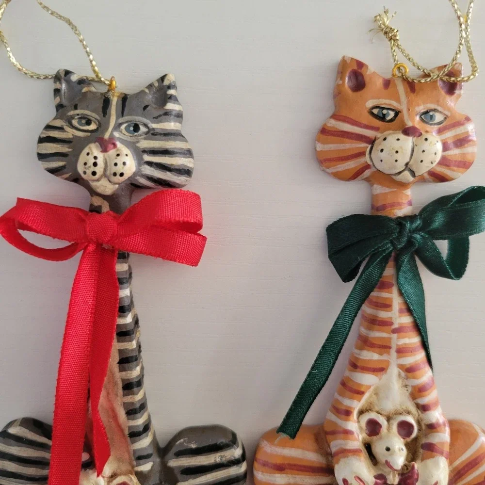 Vtg Kurt Adler Christmas Ornaments (2) Cats Kitty Whimpsical Tiger Tabby Mouse